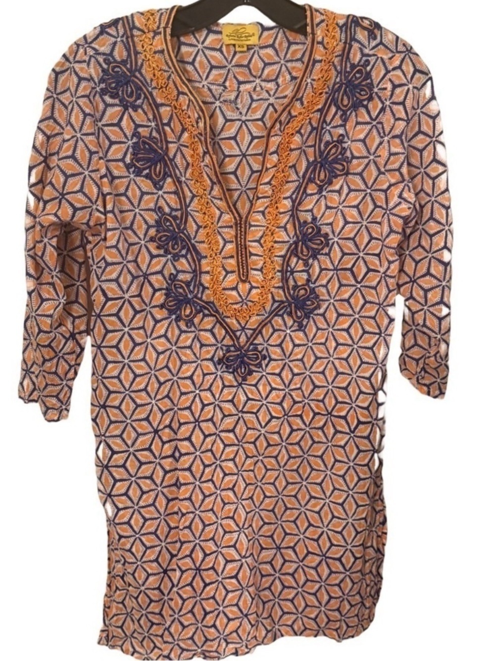 Roberta Roller Rabbit Cotton Embroidered Tunic Dress Geometric Print Sz XS